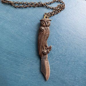 Unique ART brand Owl Single Blade Pocket Pen Knife Pendant + Necklace